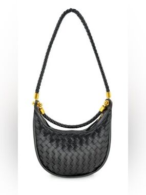 Black Woven Leather Shoulder Bag with Gold Accents